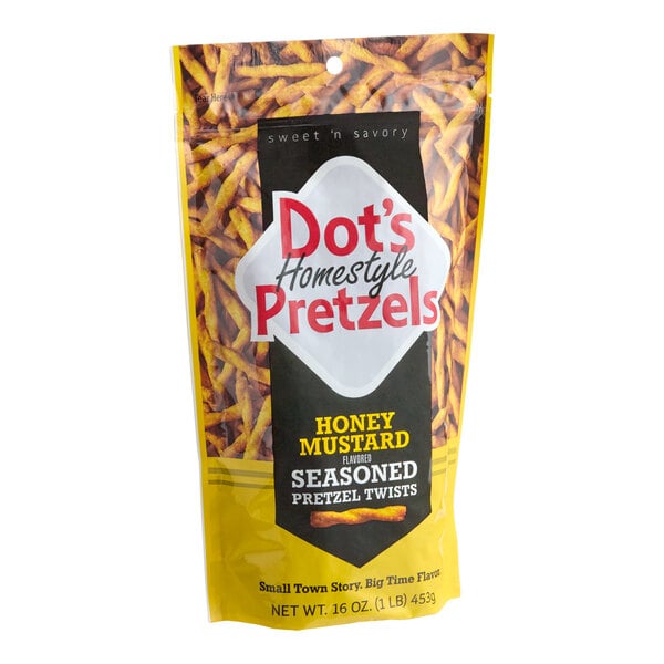 A 16-ounce bag of Dot's Homestyle Pretzels Honey Mustard Seasoned Pretzel Twists.