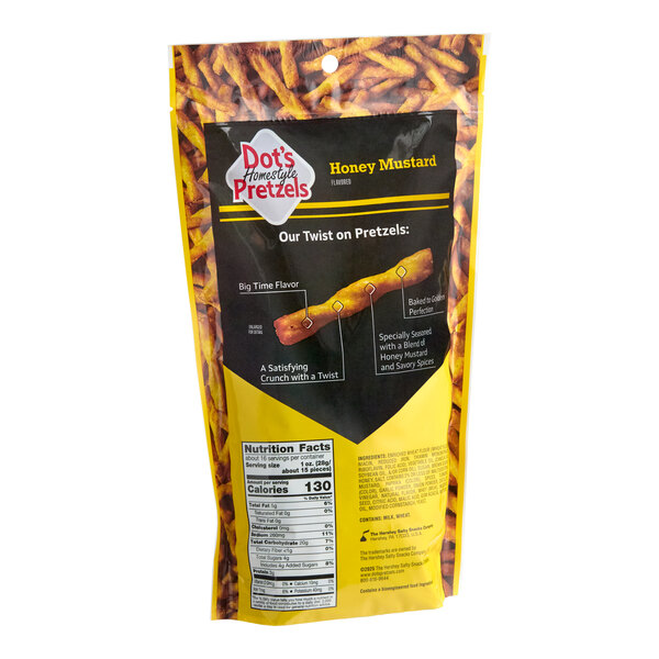 A 16-ounce bag of Dot's Homestyle Pretzels Honey Mustard Seasoned Pretzel Twists.