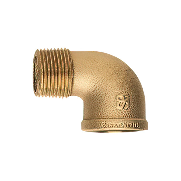A brass 90-degree elbow pipe fitting with a thread on a metal tube.