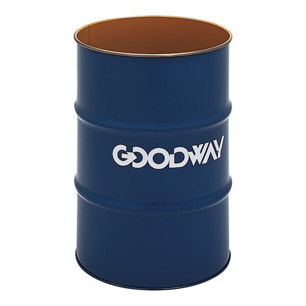 A blue Goodway 55 gallon drum with white text.