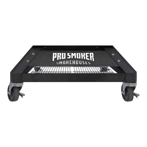 A black metal Pro Smoker grill with wheels and white text on a table.