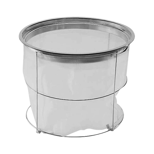 A clear plastic container with a metal frame and a white cover with metal mesh.