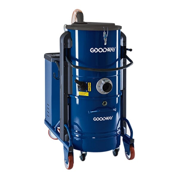 A blue and black Goodway Technologies wet/dry vacuum with wheels and a handle.