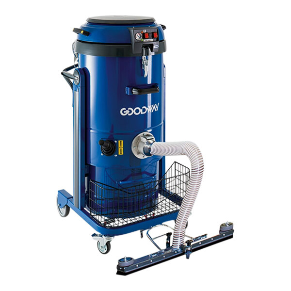 A blue Goodway Technologies walk behind dry vacuum cleaner on wheels.