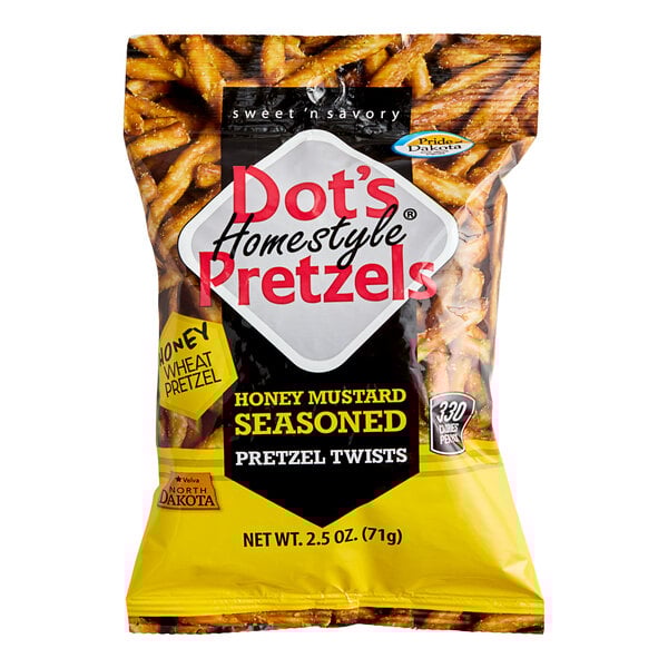 A white bag of Dot's Homestyle Pretzels Honey Mustard Seasoned Pretzel Twists.