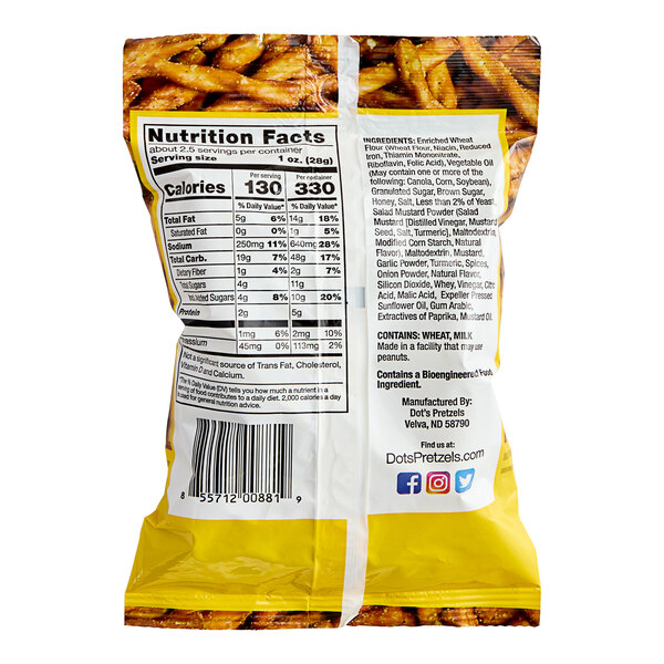 A bag of DOT'S HOMESTYLE PRETZELS Honey Mustard Seasoned Pretzel Twists with nutrition facts.