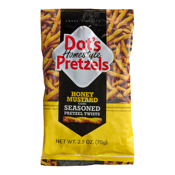 A 2.5 oz bag of Dot's Homestyle Pretzels Honey Mustard Seasoned Pretzel Twists.