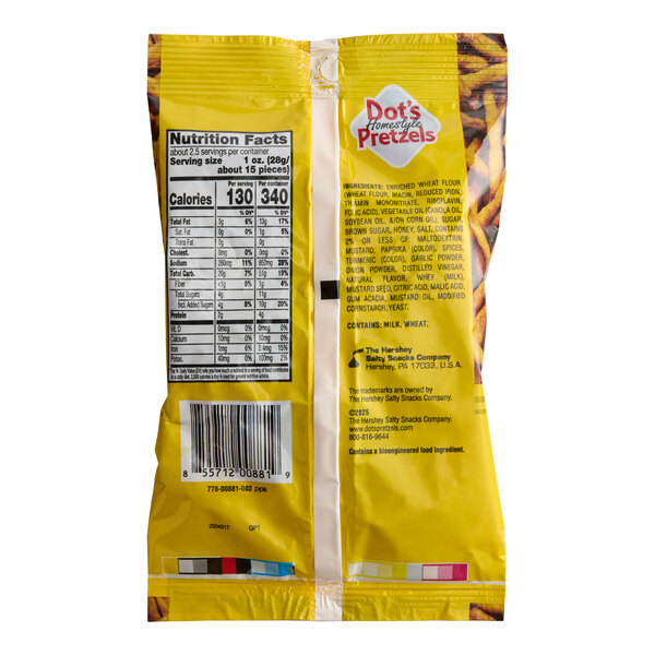 A 2.5 oz bag of Dot's Homestyle Pretzels Honey Mustard Seasoned Pretzel Twists.