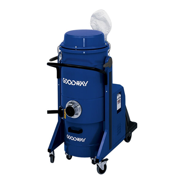 A blue Goodway Technologies 12 gallon continuous-duty dry vacuum on wheels.