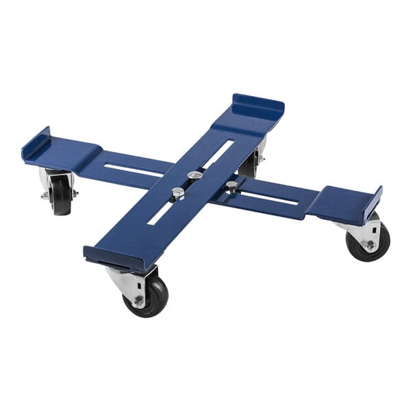 A blue metal Goodway Technologies tank dolly with black wheels.