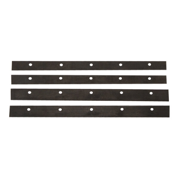 A row of black metal strips with holes on each end.