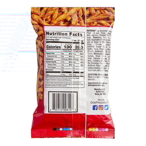 A bag of DOT'S HOMESTYLE PRETZELS with nutrition facts on the label.
