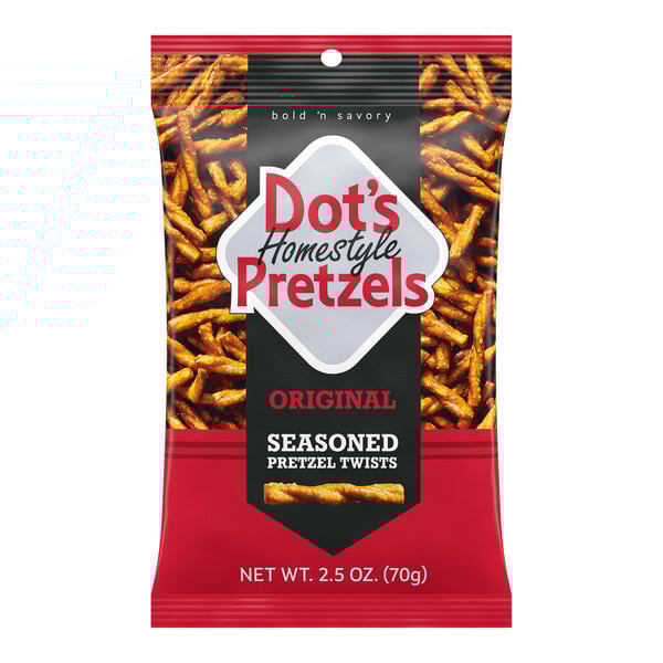 A 2.5 oz bag of Dot's Homestyle Pretzels Original Seasoned Pretzel Twists.