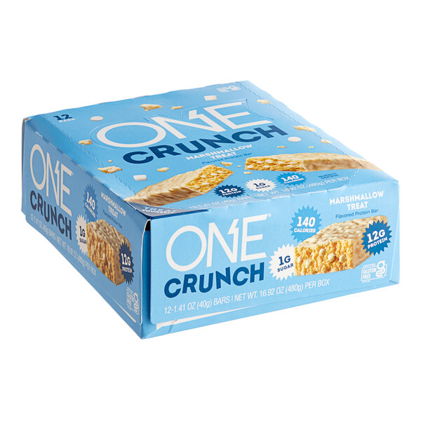 A box of ONE Crunch Marshmallow Treat protein bars.