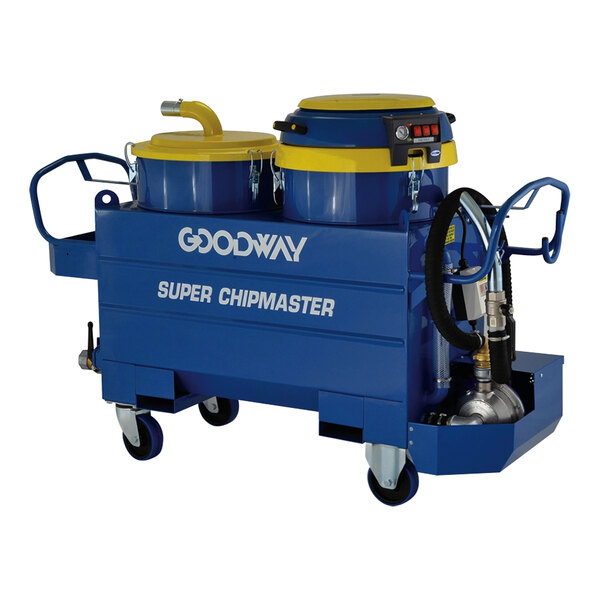 A blue and yellow Goodway ChipMaster machine.