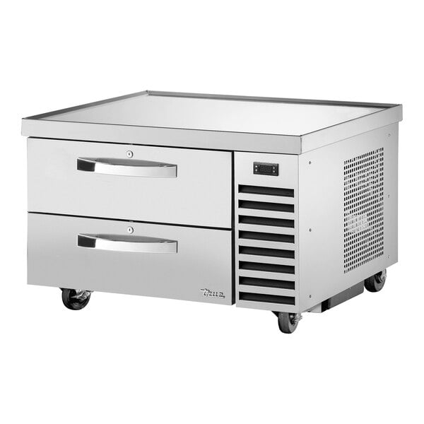 A stainless steel True refrigerated chef base with 2 drawers.