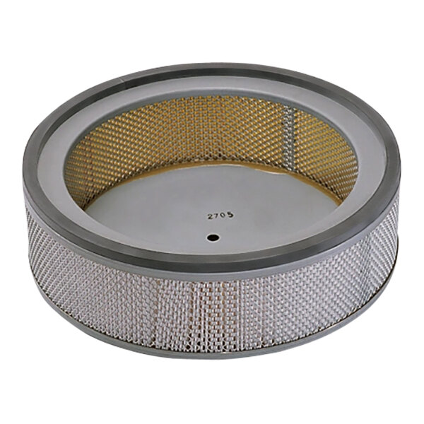 A round metal air filter with yellow and silver mesh inside.