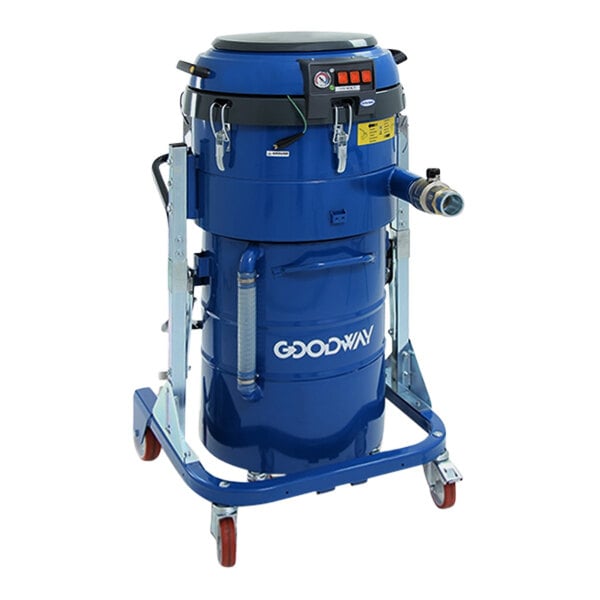 A blue Goodway ChipMaster vacuum on wheels.