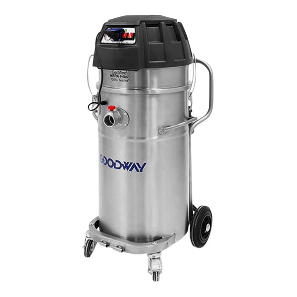 A silver and black Goodway wet vacuum with wheels.