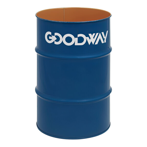 A blue Goodway 30 gallon drum with white text.
