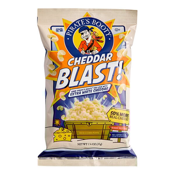A bag of Pirate's Booty Cheddar Blast with a cartoon character on it.