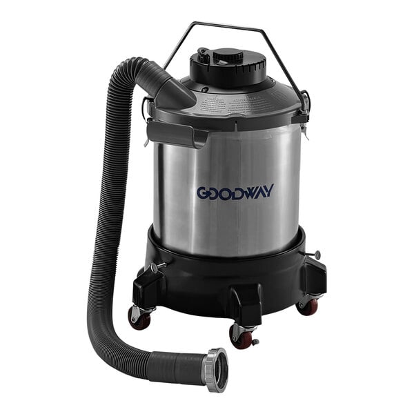 A Goodway Technologies Soot Vacuum on wheels with a hose attached.