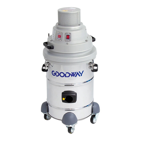 A grey Goodway vacuum cleaner on wheels.
