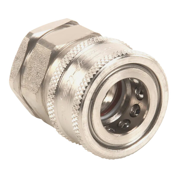 A stainless steel Pitco 1/2" NPT coupler connector with a nut.