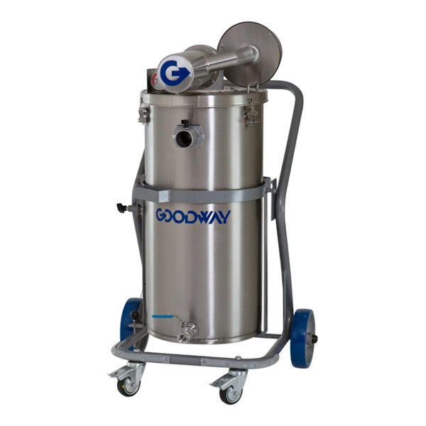 A stainless steel Goodway Technologies wet/dry vacuum on wheels.