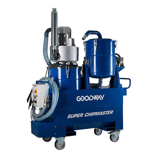 A blue Goodway ChipMaster Tilt vacuum machine with white text.