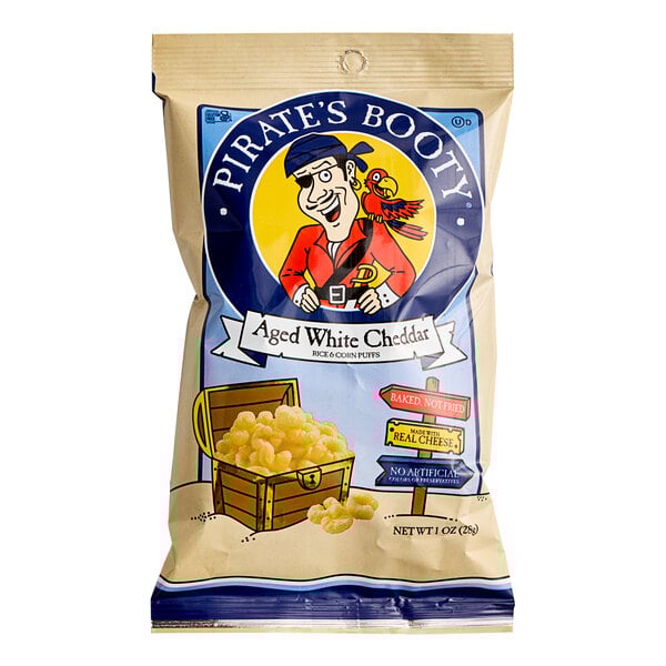 A bag of Pirate's Booty Aged White Cheddar rice and corn puffs on a white background.