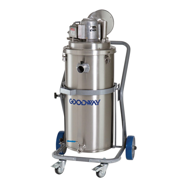 A Goodway Technologies large stainless steel wet/dry vacuum cleaner on wheels.