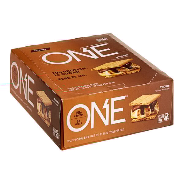 The box of ONE S'mores Protein Bars with chocolate drizzle on one bar.
