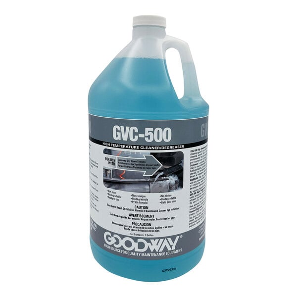 A blue bottle of Goodway GVC-500 gallon cleaner with a label.