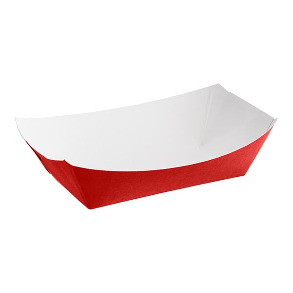 A red and white rectangular paper food tray with a lid.