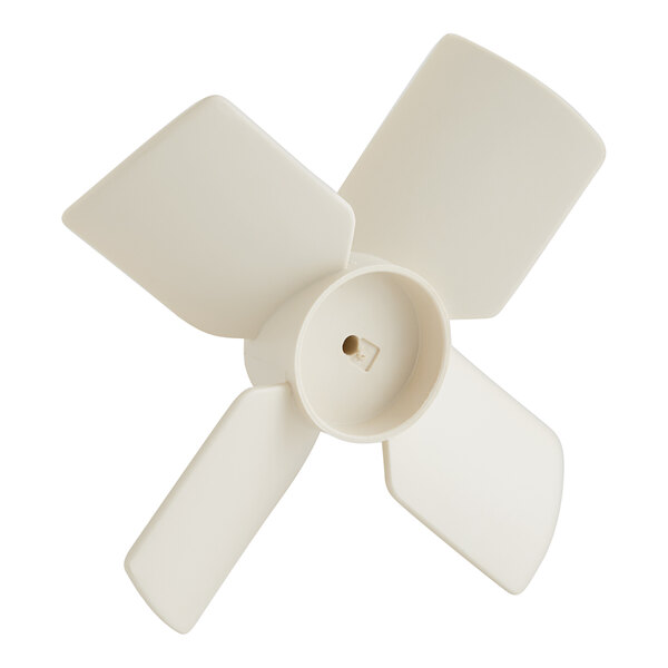 A close-up of a white fan blade with a hole in it.