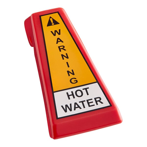 A red Bunn lift faucet handle with a yellow and red warning label.