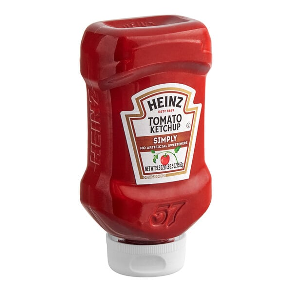 A close-up of a Heinz Simply Ketchup squeeze bottle.