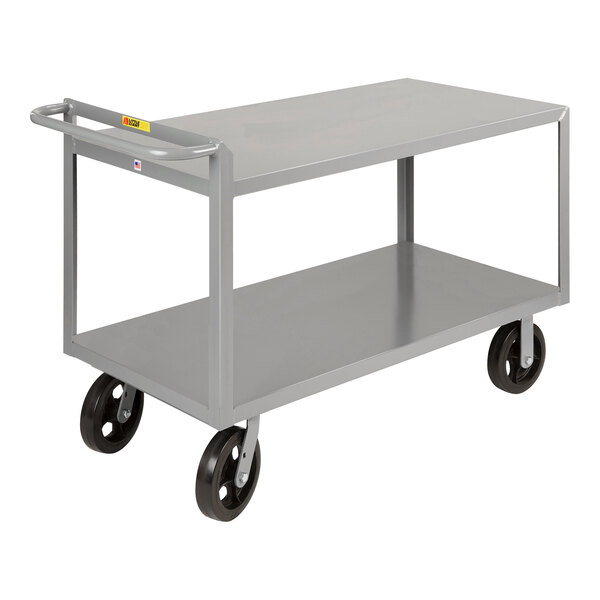 A gray steel Little Giant merchandise collector cart with black rubber wheels.