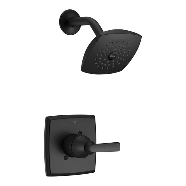 A black Delta shower head with wall mount.