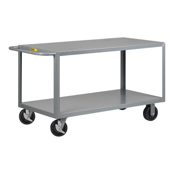 A grey metal Little Giant 2-shelf steel cart with black wheels.