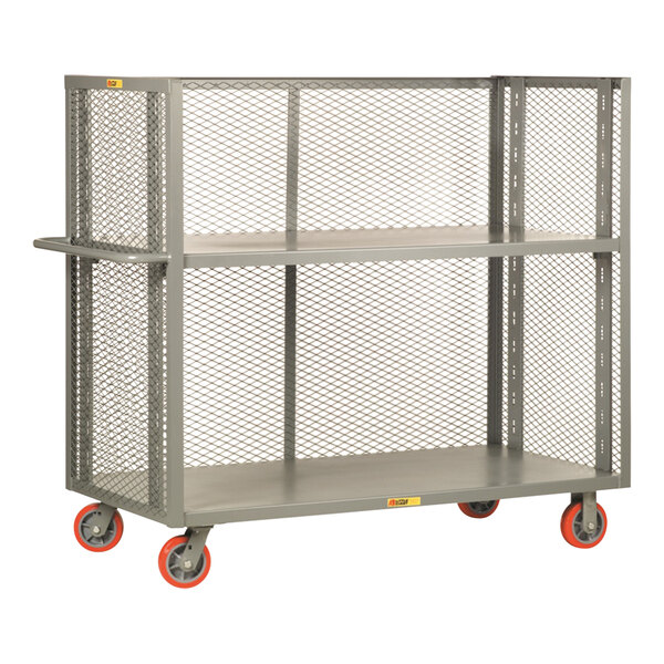 A gray metal cart with orange wheels.