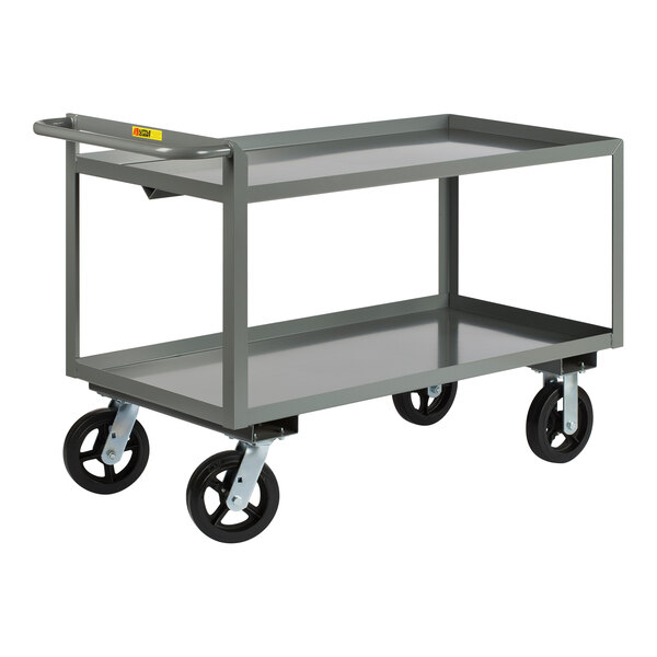 A gray Little Giant steel merchandise collector cart with black rubber wheels.
