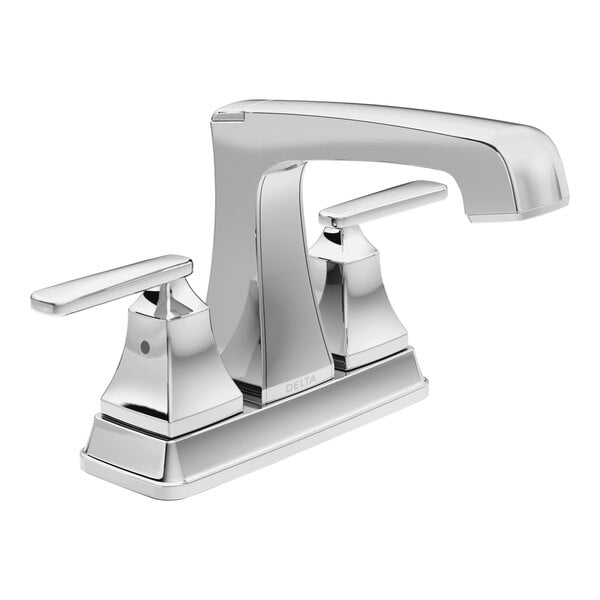 A Delta chrome deck-mount Ashlyn lavatory faucet with lever handles.