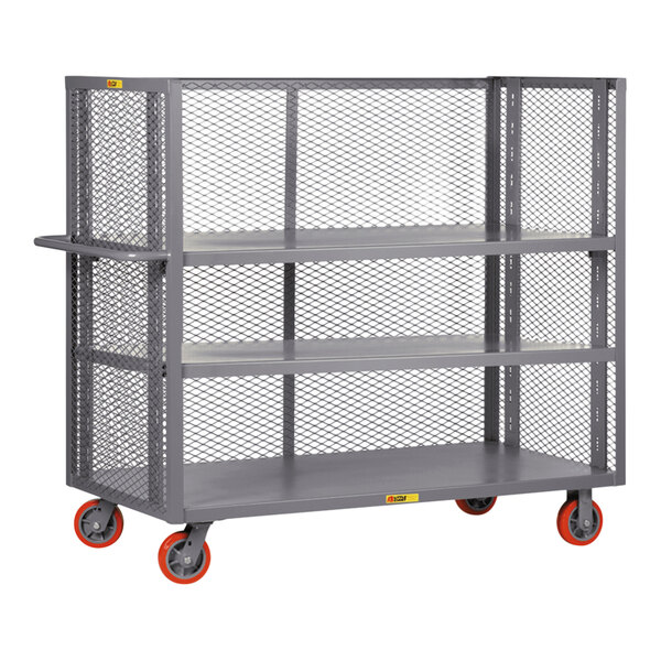 A gray cart with orange wheels.