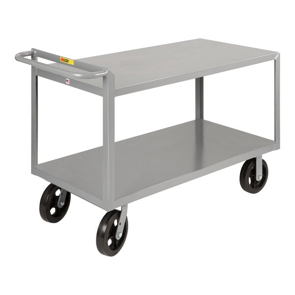 A gray Little Giant steel merchandise collector cart with black rubber casters.