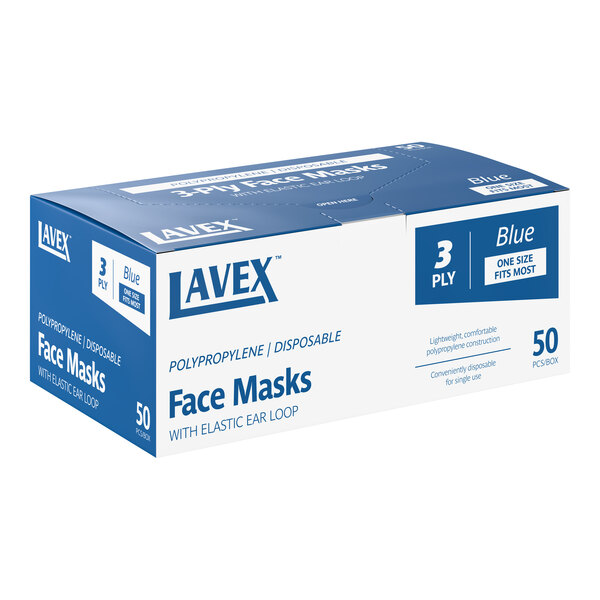 Lavex 3-Ply Blue Disposable Polypropylene Protective Face Mask - 50/Box