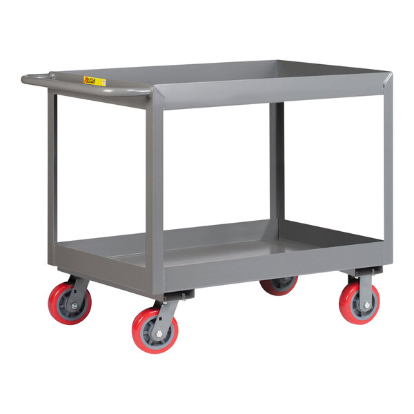 A gray Little Giant steel 2-shelf cart with red polyurethane wheels.