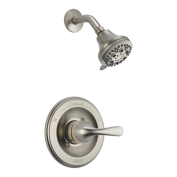 A stainless steel Delta T-series shower faucet with a shower head and knob.