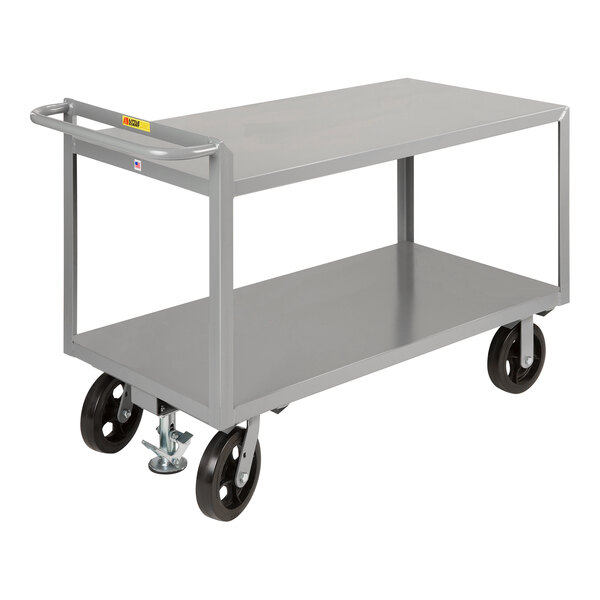 A grey steel Little Giant merchandise collector cart with black rubber wheels.